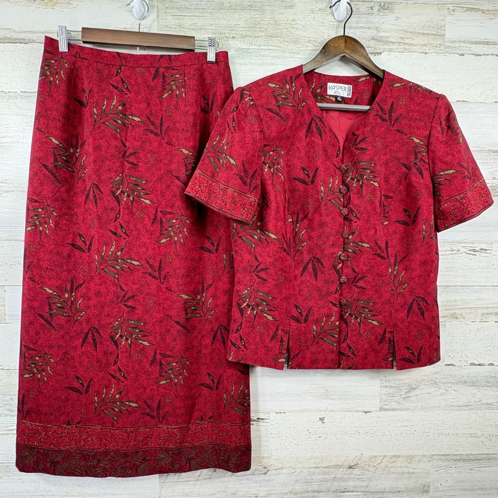 Kasper ASL Skirt Suit Women‎ 12 Red Leaf Print Vintage 90s Rayon Whimsigoth Chic